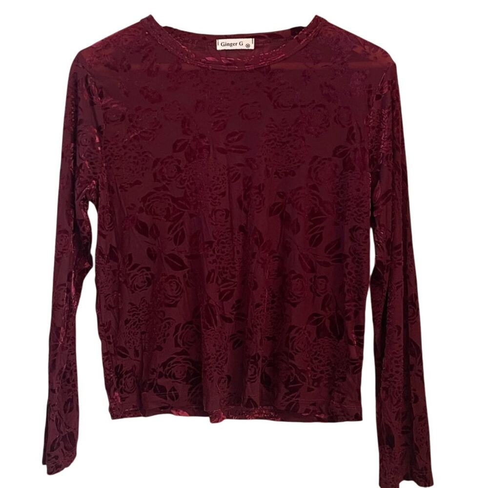 Ginger G Burgundy Velvet Floral Pattern‎ Long Sleeve Top Size Medium
